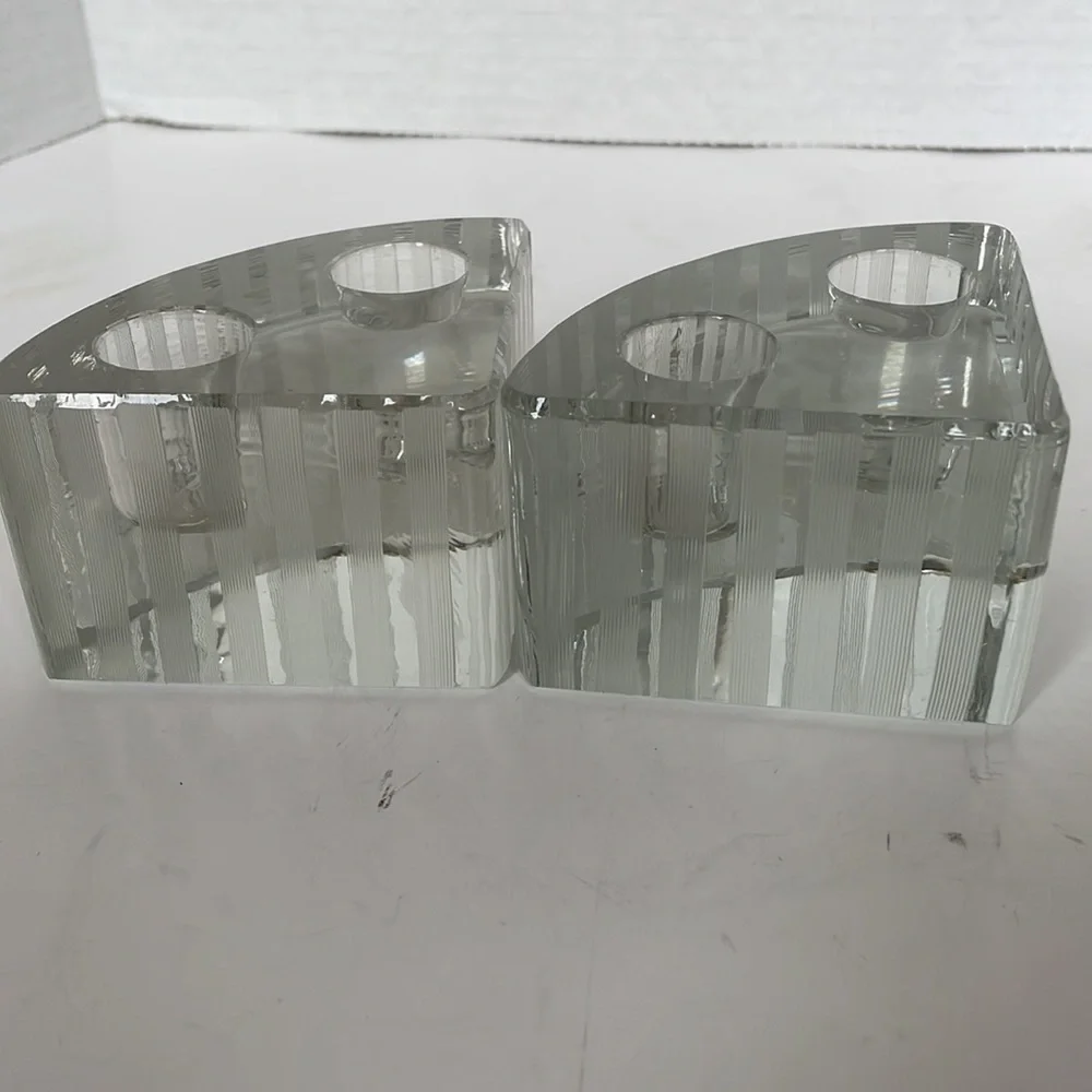 Vintage glass candlestick set holders pie shaped modern